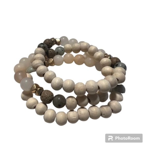 Lot of 3 Cream Wood Pink Crystal Round Beads Gold Disc Spacers Elastic Bracelets - Picture 2 of 6